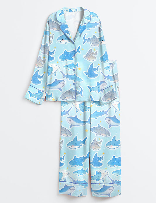 Women’s Ocean Marine Animal Whale Shark Long Sleeve Satin Pajama Set