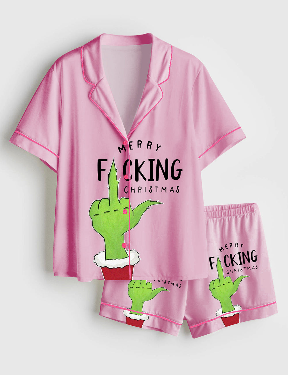 Women’s Merry Grinch Pink Christmas Short Sleeve Satin Pajama Set