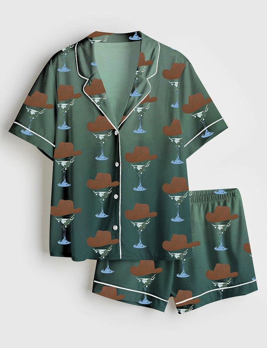 Women’s Western Cowboy Martini Short Sleeve Satin Pajama Set