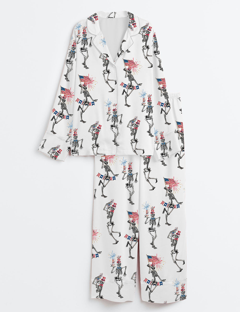 Women’s 4th Of July Skellies Dancing Skeleton American Flag Stars And Stripes Red White Blue Long Sleeve Satin Pajama Set