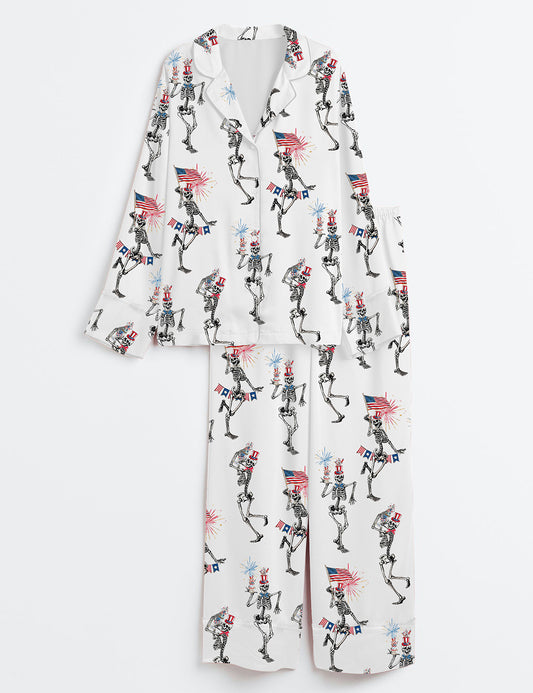 Women’s 4th Of July Skellies Dancing Skeleton American Flag Stars And Stripes Red White Blue Long Sleeve Satin Pajama Set