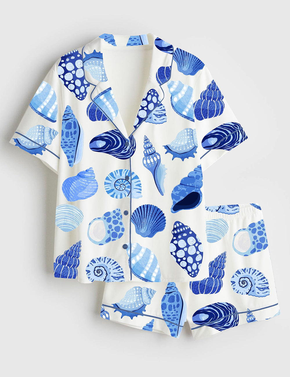 Women’s Summer Trip Blue Shells Coastal Summer Beach Coastal Aesthetic Bachelorette Colorful Shells Short Sleeve Satin Pajama Set