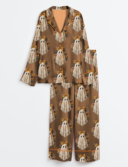 Women’s Cute Halloween Ghost With Lace Dress Fall Floral Bouquet Long Sleeve Satin Pajama Set