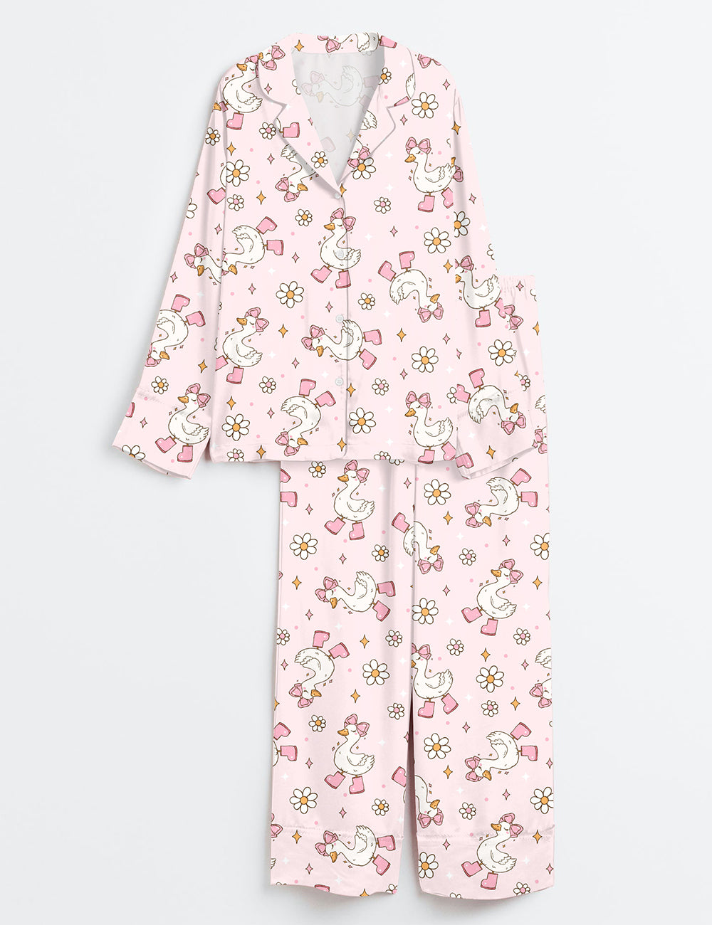 Women’s Silly Goose Repeating Goose Pattern Cute Pink Duck Print Long Sleeve Satin Pajama Set
