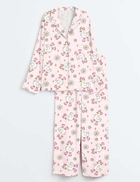 Women’s Silly Goose Repeating Goose Pattern Cute Pink Duck Print Long Sleeve Satin Pajama Set