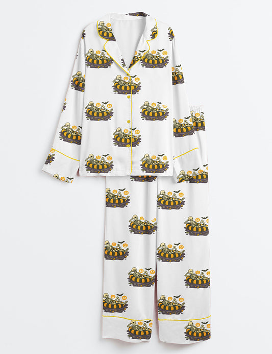 Women’s Summerween Spooky Skeleton Summer Halloween Girly Summer Beach Vibes Print Long Sleeve Satin Pajama Set