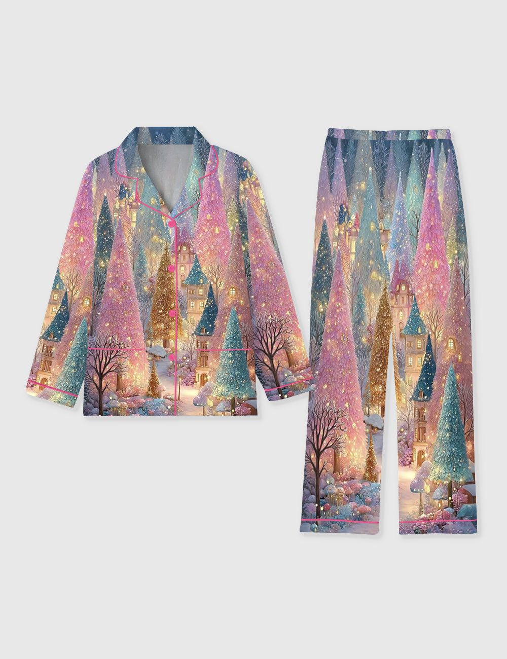 Women's Pink Christmas Tree Long Sleeve Pocket Cotton Pajama Set