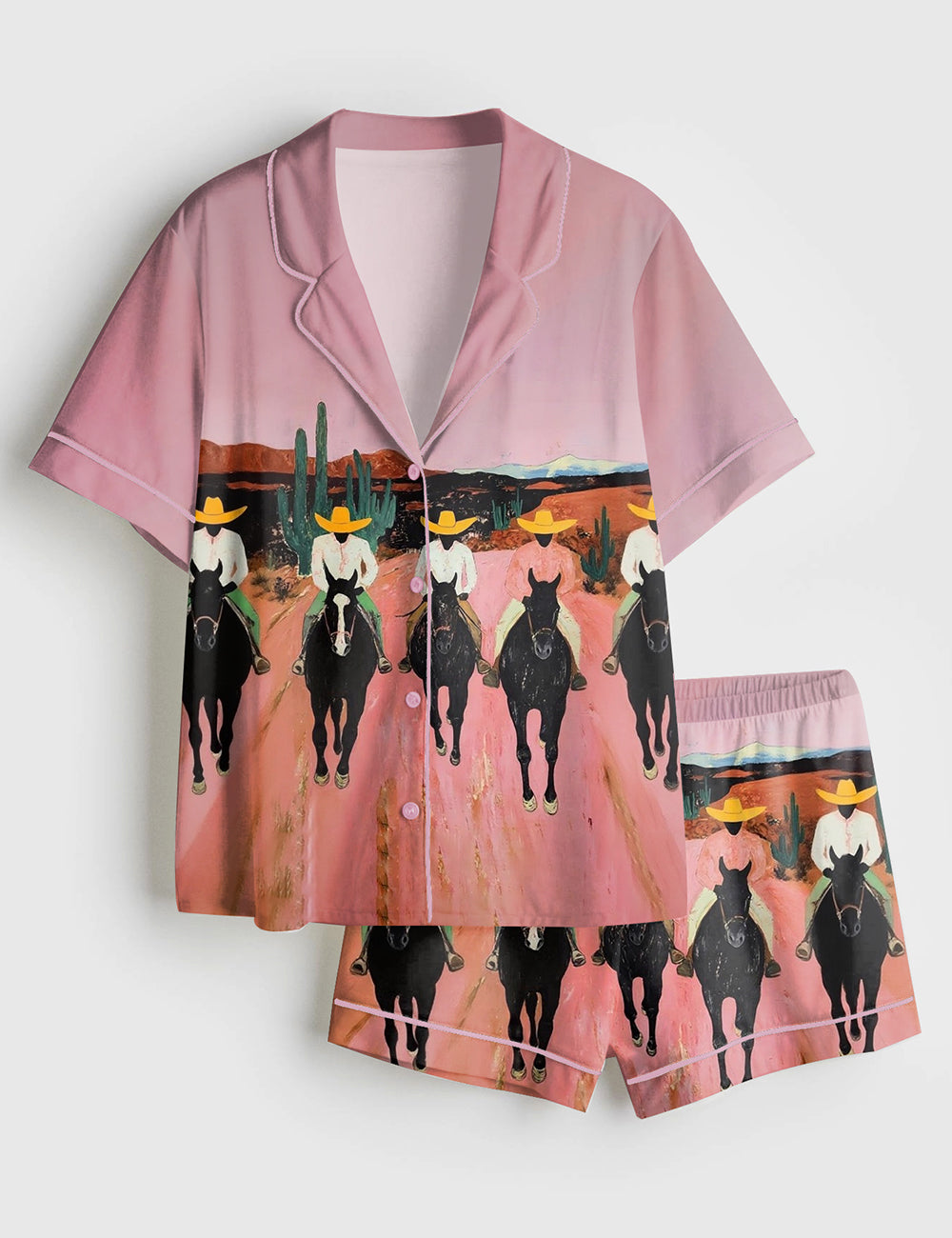 Women’s Southwestern Cowboys Colorful Abstract Western Horse Modern Country Cowboy Print Short Sleeve Satin Pajama Set