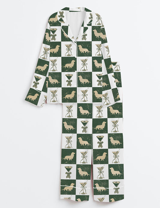 Women’s Long Haired Dachshund Weenies And Martinis Bachelorette Dog Bach Weenies & Tinis Doxie Long Sleeve Satin Pajama Set