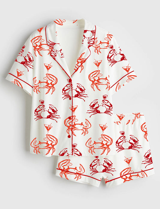 Women’s Crab Martini Summer Marine Animals Beach Fisherman Aestetic Art Short Sleeve Satin Pajama Set
