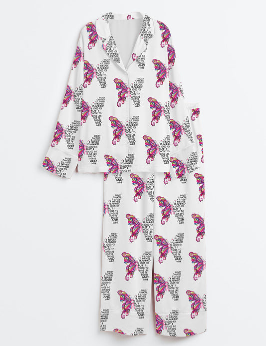 Women’s Breast Cancer Awareness Cancer Hope Pink Ribbon Pink Butterfly Print Long Sleeve Satin Pajama Set