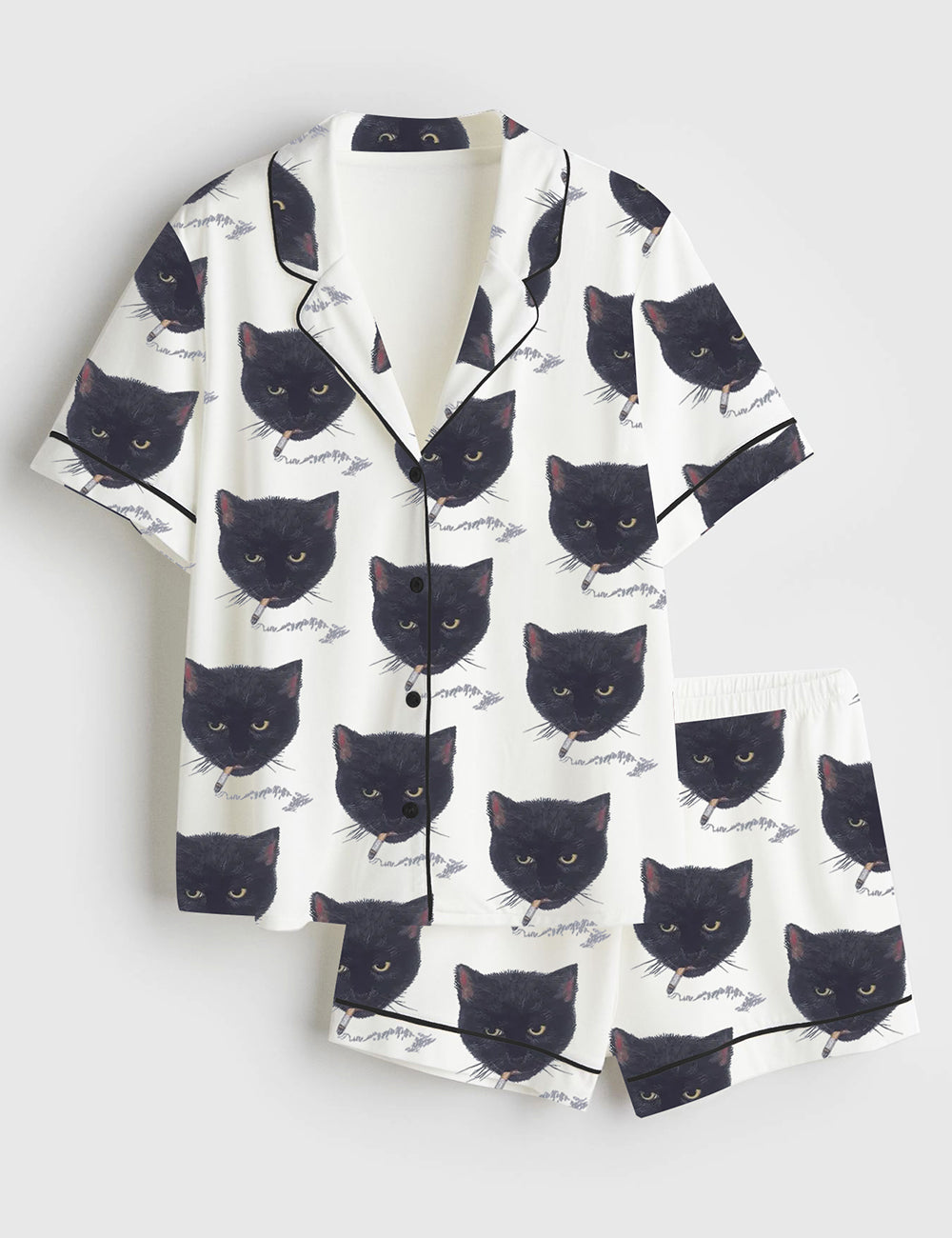 Women’s Smoking Cat Short Sleeve Satin Pajama Set