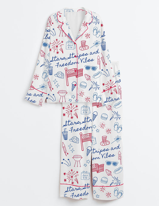 Women’s Stars Stripes And Freedom Vibes 4th Of July Patriotic America Print Long Sleeve Satin Pajama Set