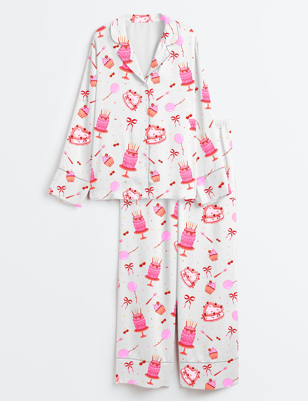 Women’s Happy Birthday Cake Long Sleeve Satin Pajama Set