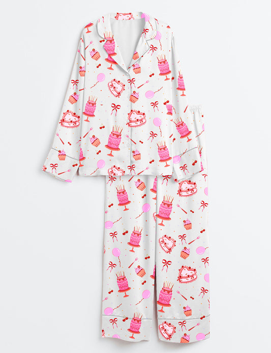 Women’s Happy Birthday Cake Long Sleeve Satin Pajama Set