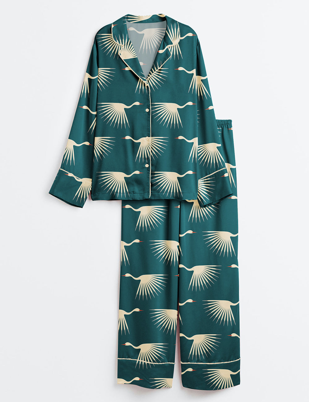 Women’s Art Deco Cranes Long Sleeve Satin Pajama Set