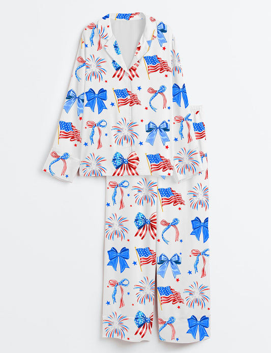 Women’s 4th Of July Coquette Bow USA Flag Red And White Blue Coquette Long Sleeve Satin Pajama Set