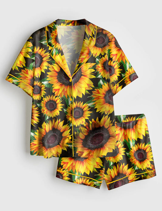 Women’s Sunflower Short Sleeve Satin Pajama Set