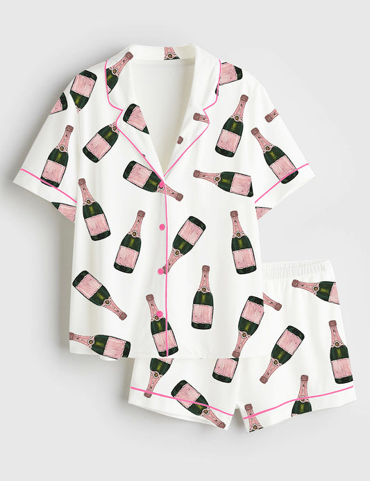 Women's Champagne Bottle Short Sleeve Satin Pajama Set