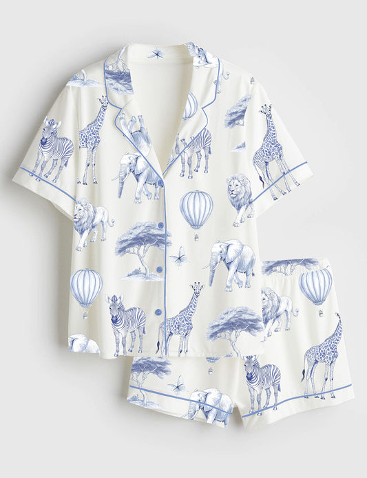 Women’s  Chinoiserie Safari Elephant Giraffe And Zebra Print Short Sleeve Satin Pajama Set