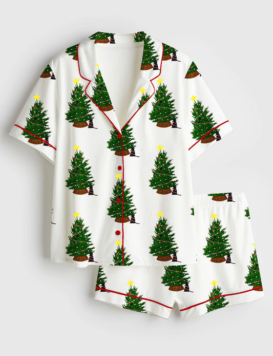 Women’s Cats Around The Christmas Tree Christmas Lights Short Sleeve Satin Pajama Set