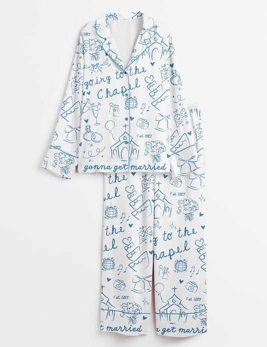 Women’s Going To The Chapel Gonna Get Married Bachelorette Bride Wedding Art Print Long Sleeve Satin Pajama Set