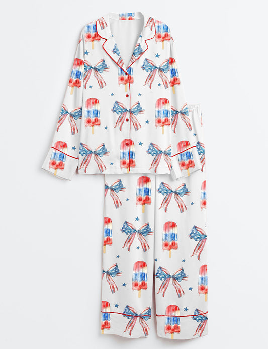 Women’s Fourth of July Popsicle Patriotic Coquette Bow American Pride Red White Blue Long Sleeve Satin Pajama Set
