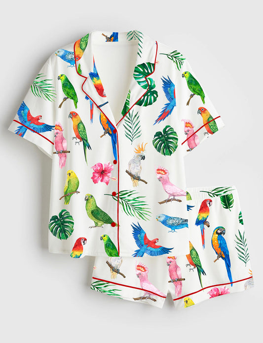 Women’s Watercolor Parrots Exotic Birds Cockatoo Macaw Short Sleeve Satin Pajama Set