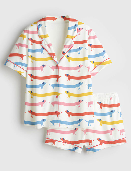 Women's Cute Weenie Dachshund Short Sleeve Satin Pajama Set