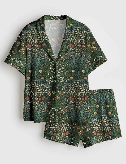 Women’s Antique Colors Sunflowers Plant Lover Gardening Print Short Sleeve Satin Pajama Set