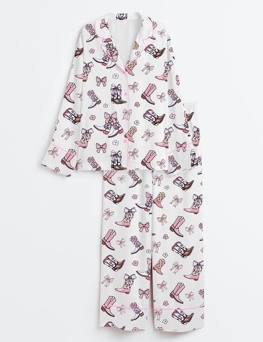 Women’s White And Pink Bows Western Cowboy Boots Coquette Cowgirls Bows Print Long Sleeve Satin Pajama Set