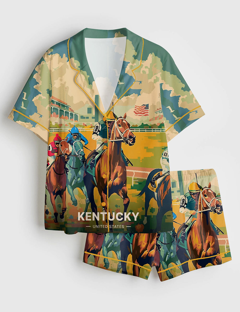 Women’s Kentucky Derby Travel 151st Run For The Roses Print Short Sleeve Satin Pajama Set