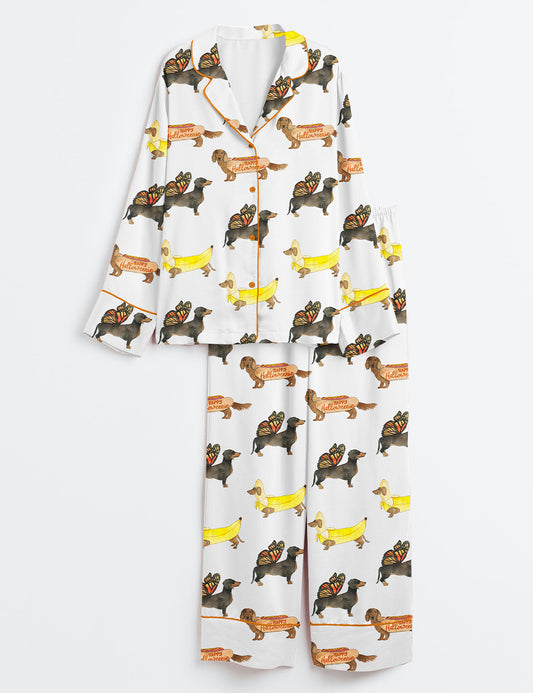 Women's Happy Halloweenie Dachshund Dog Halloween Cosplay Long Sleeve Satin Pajama Set