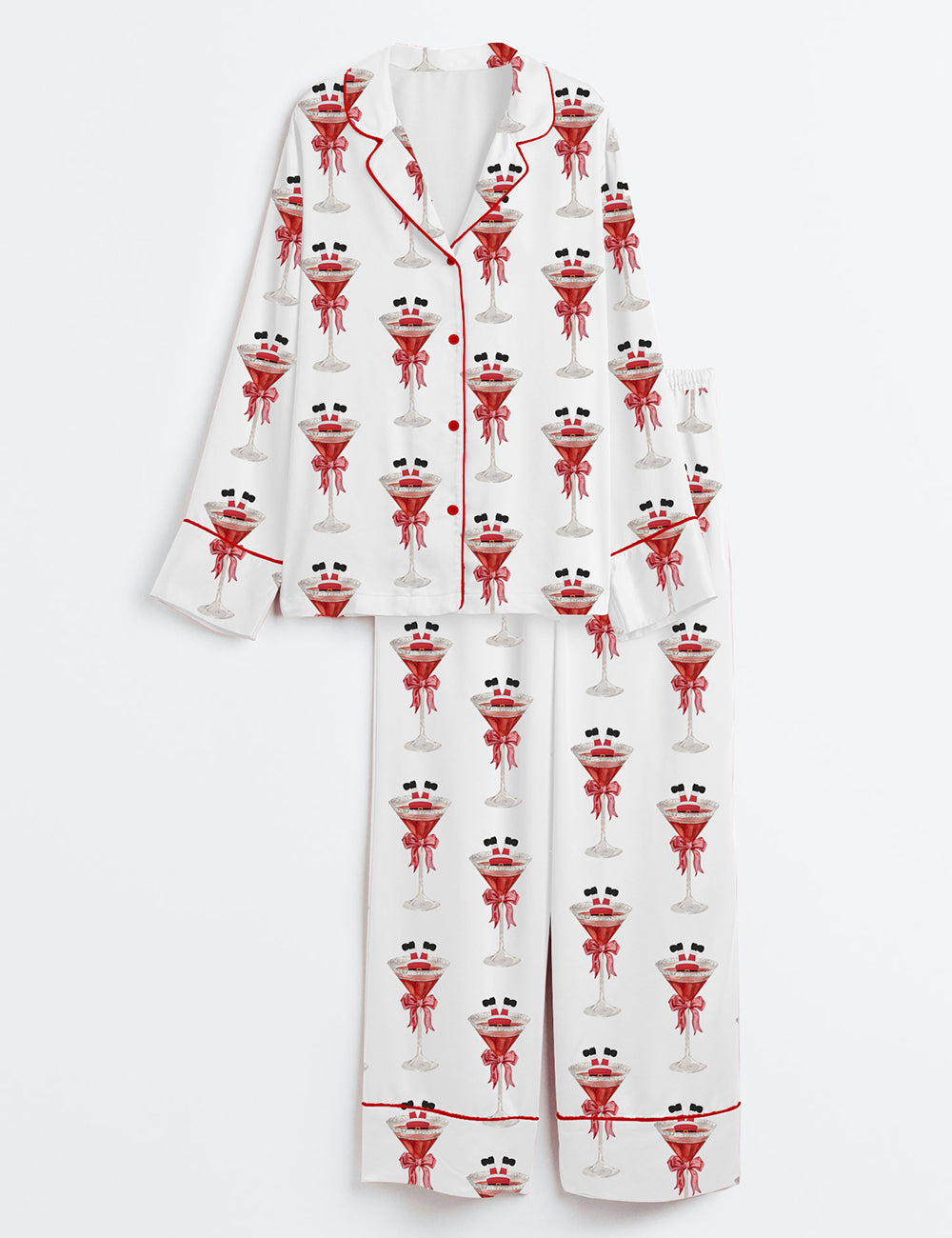 Women’s Christmas Martini Santa Bow Martini Drink Long Sleeve Satin Pajama Set
