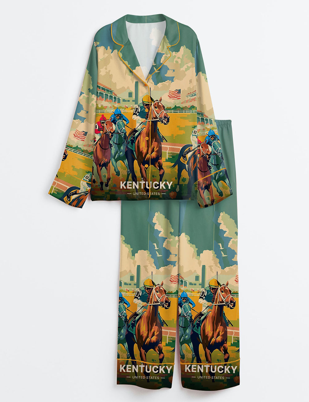 Women’s Kentucky Derby Travel 151st Run For The Roses Print Long Sleeve Satin Pajama Set