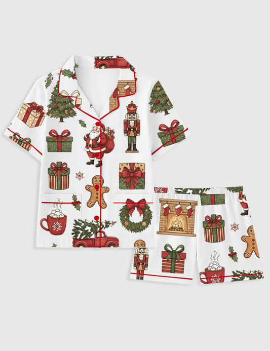 Women's Christmas Tree Nutcracker Santa Claus Hot Cocoa Gingerbread Man Holiday Short Sleeve Pocket Cotton Family Pajama Set