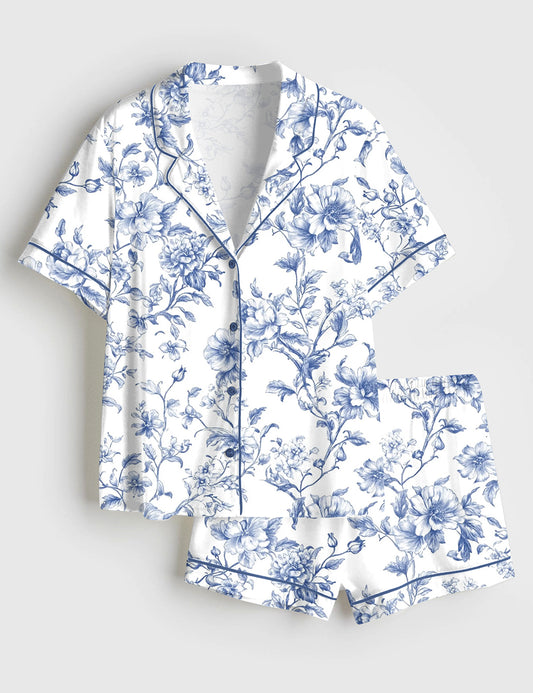 Women’s Blue Flower French Style Light Blue & White Floral Print Short Sleeve Satin Pajama Set