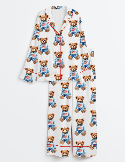 Women’s 4th Of July Watercolor Bear Long Sleeve Satin Pajama Set