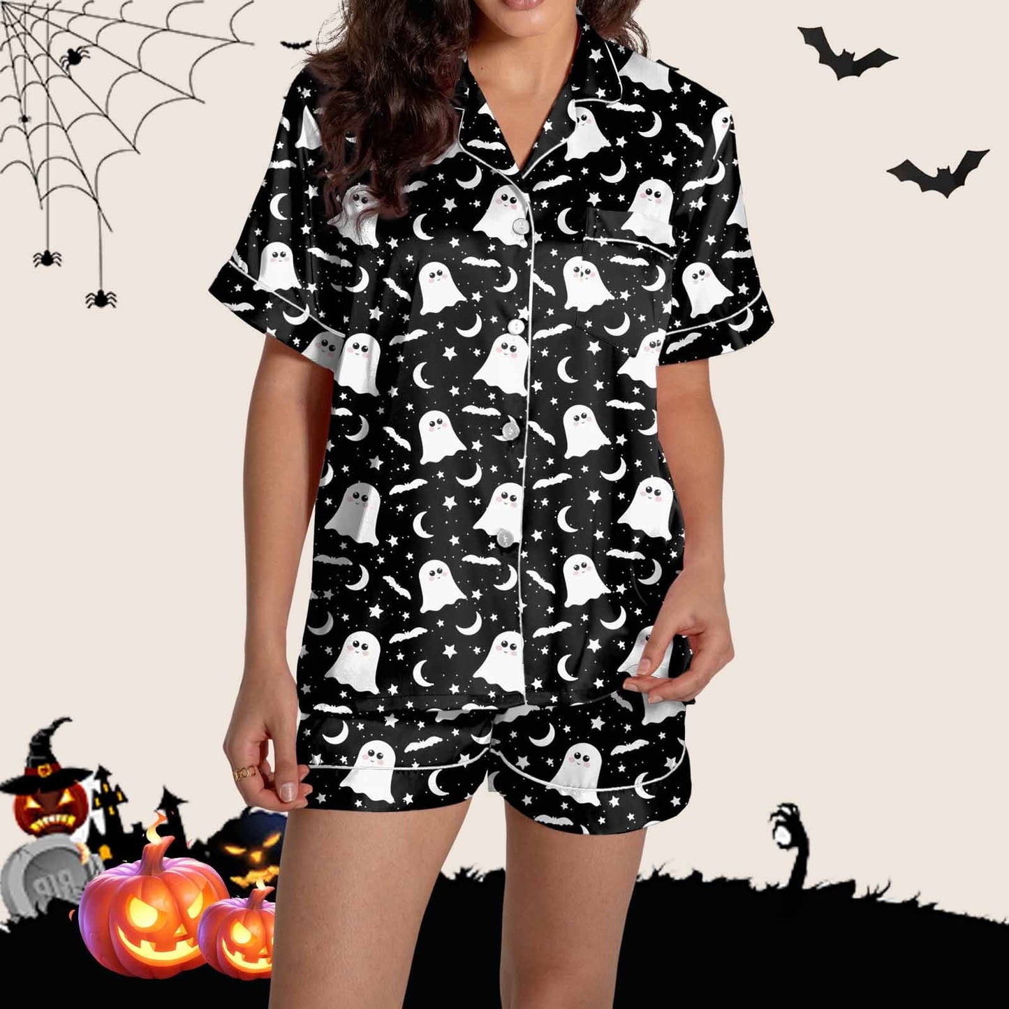 FADAACAI Womens Pajama Sets Women Pajamas Graphic Printed Silk Satin Cute Sleepwear Buttons Short Sleeve Tops Shorts Sets Silk Pajamas For Women Womens Loungewear Set Black S Clearance?