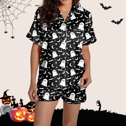 FADAACAI Womens Pajama Sets Women Pajamas Graphic Printed Silk Satin Cute Sleepwear Buttons Short Sleeve Tops Shorts Sets Silk Pajamas For Women Womens Loungewear Set Black S Clearance?