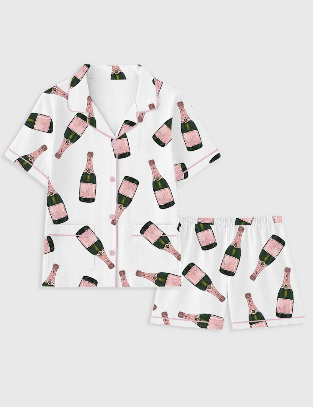 Women's Champagne Bottle  Short Sleeve Pocket Cotton Pajama Set