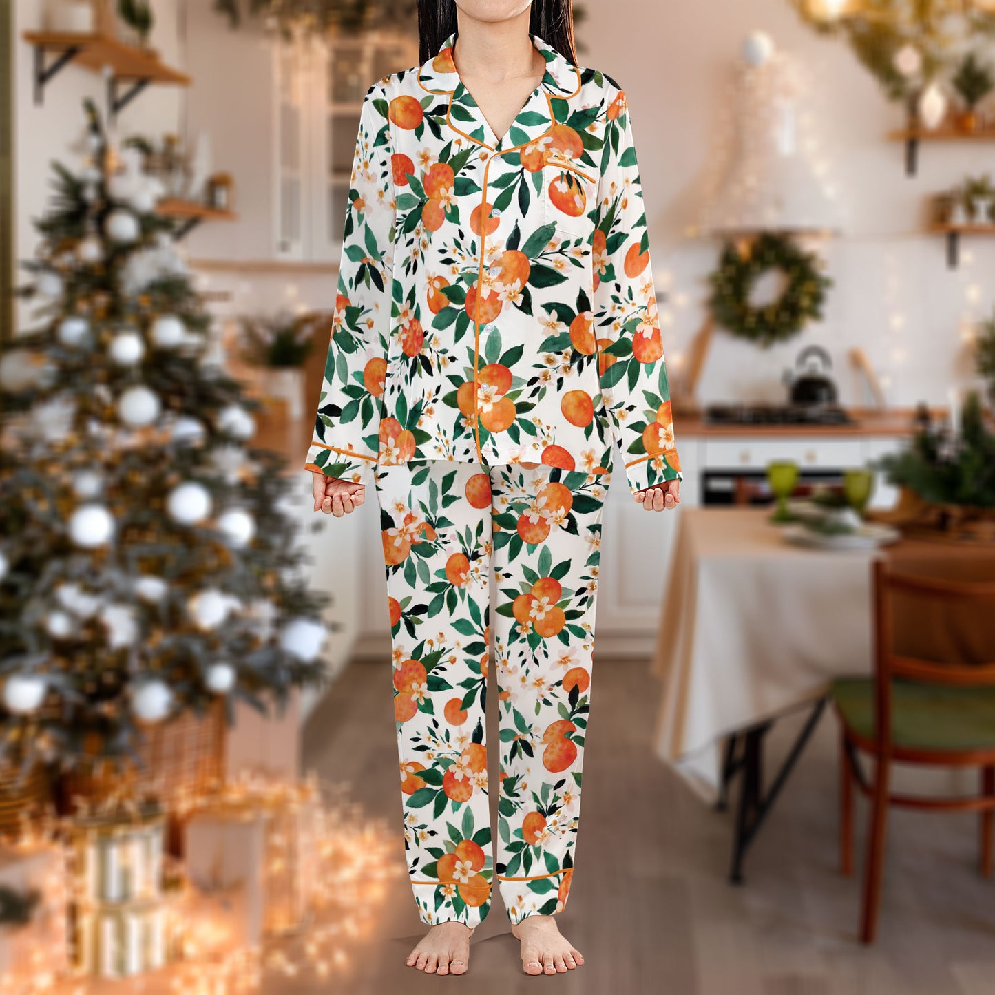 Orange Blossom Pajama Set – Floral Print Pajamas | Cozy Pajama Gift Set, Cute Pajamas for My Love, Family Pajamas for Women, Men, Kids & Youth HPRPJMADL-21