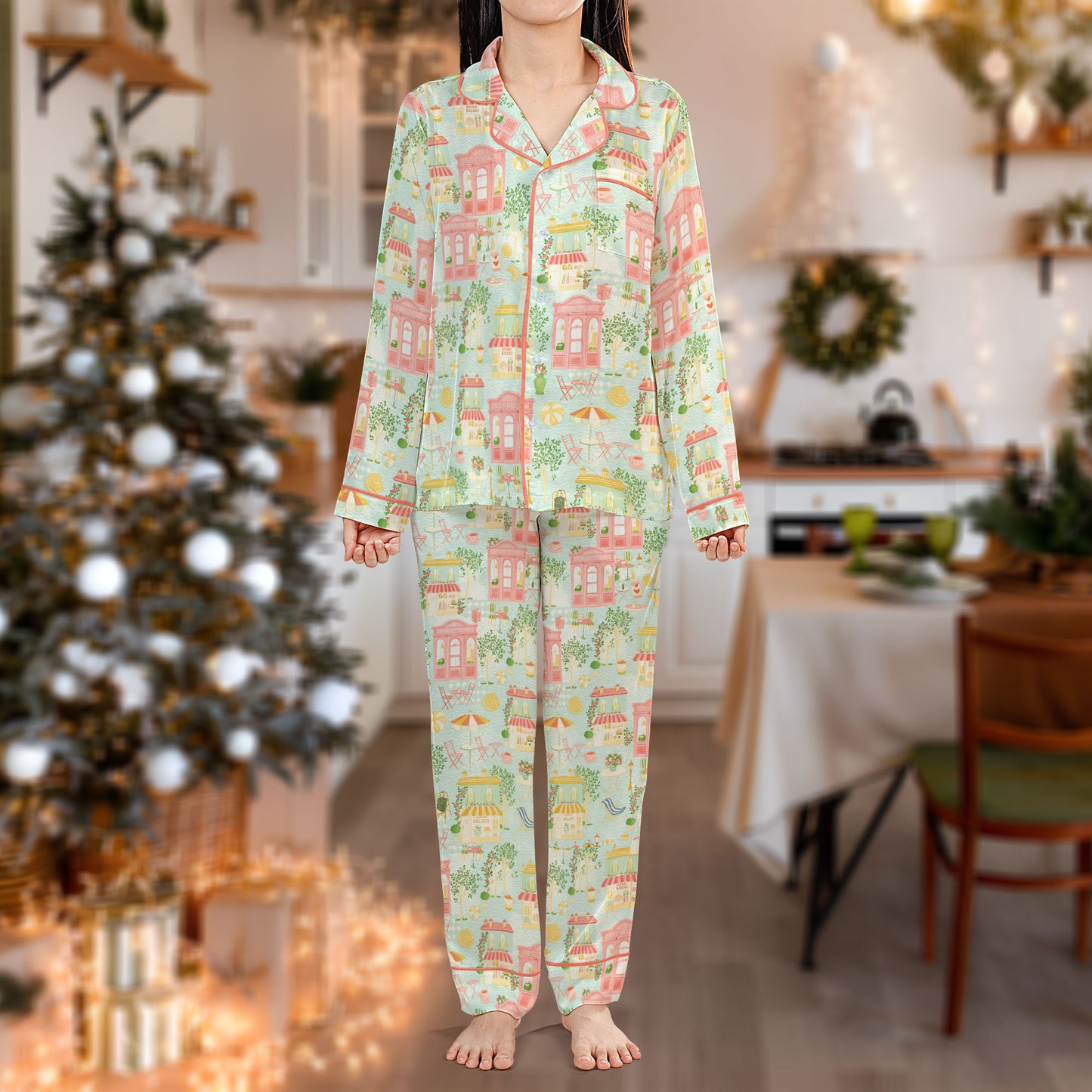 Pastel Christmas Village Pajama Set – Cute Holiday Pajamas | Cozy Pajama Gift Set, Family Pajamas for Women, Men, Kids & Youth, Winter Sleepwear HPRPJMADL-27