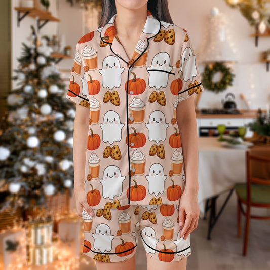 Halloween Ghost Short Pajama Set – Cute Pumpkin Cookie Print Sleepwear | Cozy Fall Pajamas for Women, Men, Kids & Youth, Adorable Holiday Pajama Gift Set HPRPJMADS-08