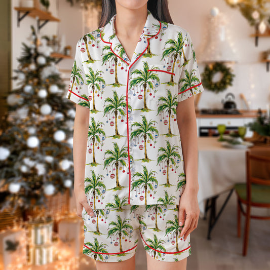Tropical Christmas Palm Tree Short Pajama Set – Festive Beach Holiday Sleepwear | White & Green Xmas PJs for Women, Men, Kids & Family Matching Gift Set HPRPJMADS-13