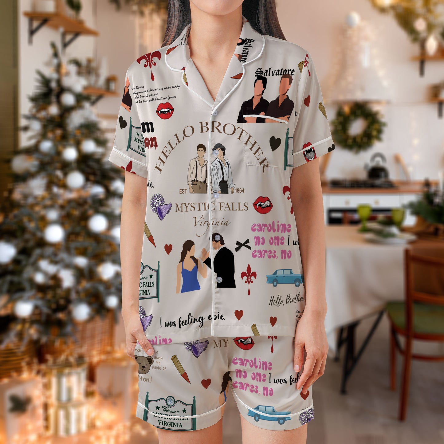 Mystic Falls Short Pajama Set – Vampire Diaries Inspired Sleepwear | “Hello Brother” Salvatore Design Satin PJs, White Lounge Set for Women, Men, Kids & Youth Fans HPRPJMADS-22