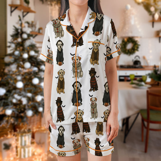 Halloween Horror Dogs Satin Short Pajama Set – Spooky Movie Villain Puppy Print Sleepwear | White & Orange Trim PJs for Women, Men, Kids & Matching Family Sets HPRPJMADS-29