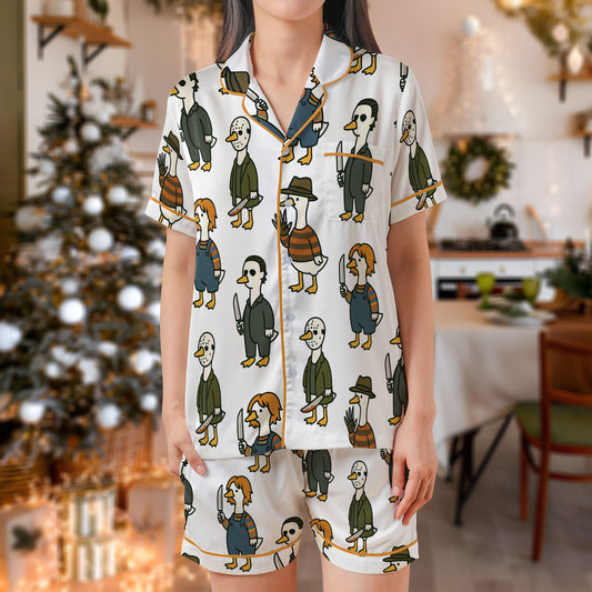 Halloween Killer Ducks Satin Short Pajama Set – Funny Horror Movie Parody Sleepwear | White Duck Print PJs for Women, Men, Youth & Matching Family OutfitsHPRPJMADS-30