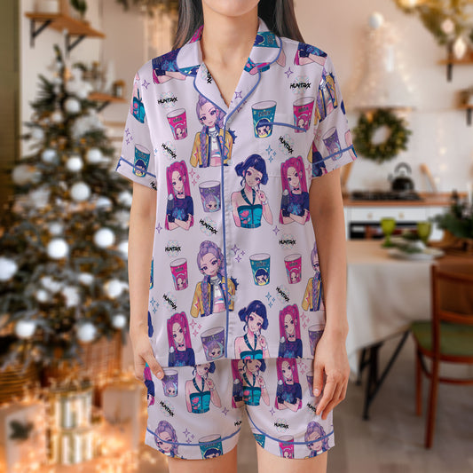 Anime Girl Snack-Themed Satin Short Pajama Set – Cute Kawaii Cartoon Print Sleepwear | Lavender PJs for Women, Teens, and Matching Friends Sets HPRPJMADS-32
