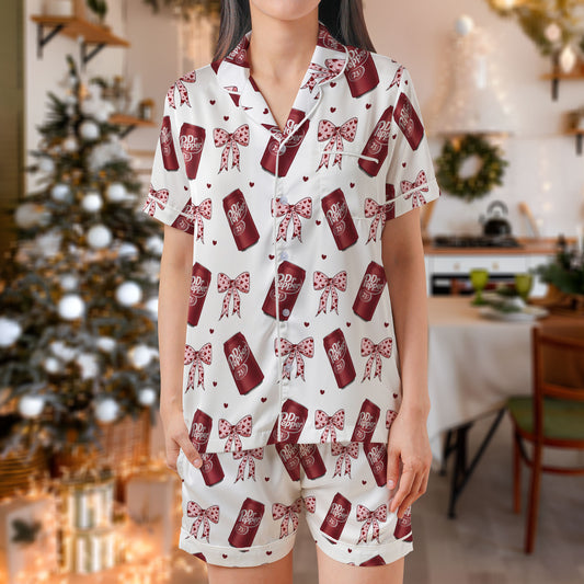 Dr Pepper Satin Short Pajama Set – Cute Soda Can & Polka Dot Bow Print Sleepwear | White & Burgundy Loungewear for Women, Teens & Matching Holiday Sets HPRPJMADS-34